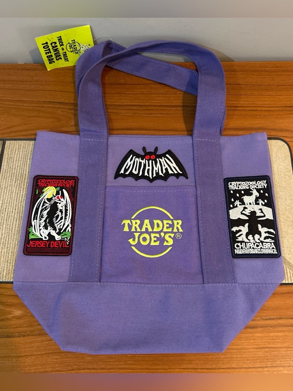 Upcycled Trader Joe's Purple Canvas Tote with Cryptid Patch Accents